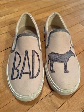 Inkkas Beige Canvas Slip-Ons with Navy 'BAD' & Donkey Graphic